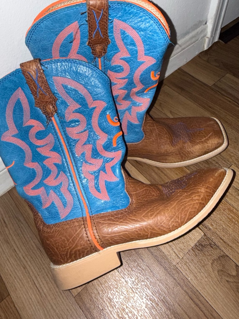 Brown Leather Western Boots with Blue orange Shaft
